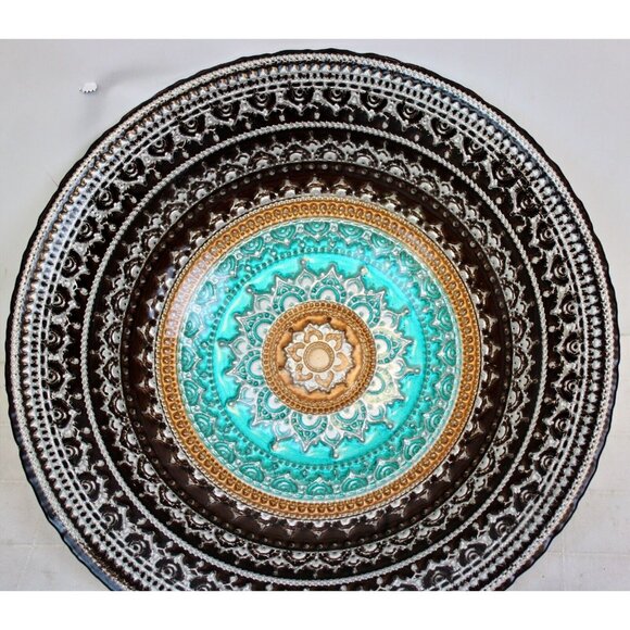 Artistic Accents Turkish Glass Serving Bowl Mandala Teal Terracotta Brown Silver - Picture 2 of 7